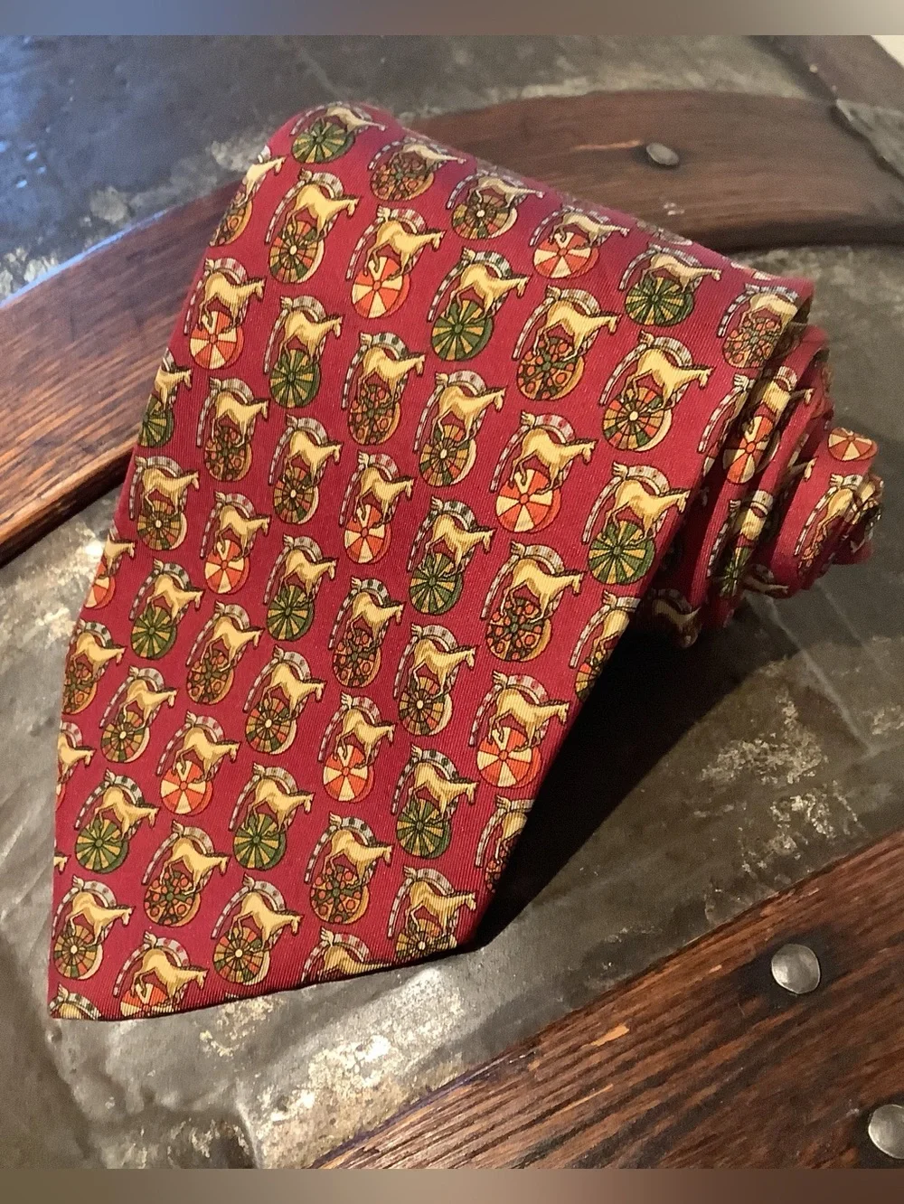 Salvatore Ferragamo Burgundy Italian Silk Tie with Multicolor Horse Motif